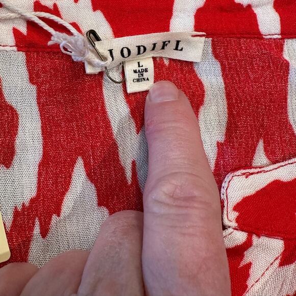 Jodifl Women’s Large Red and White Gauze like Summer Dress with Ruffle Sleeves - Picture 5 of 10